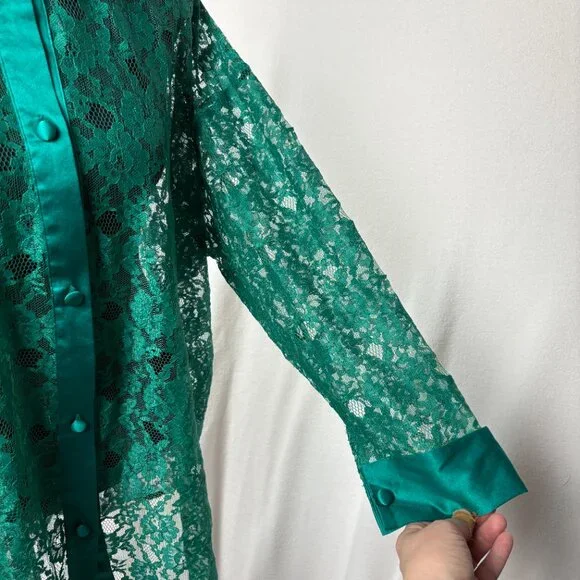 VICTORIA'S SECRET | Vtg GOLD Label Sheer Green Lace Sleep Shirt 80s 90s Sz M/L - Picture 13 of 16